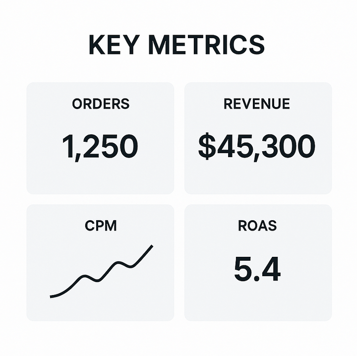 Key metrics tiles illustrating orders, revenue, and ROAS
